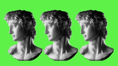 Three greek statues agains a green background