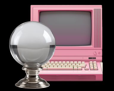 a crystal globe in front of a pink 80's computer