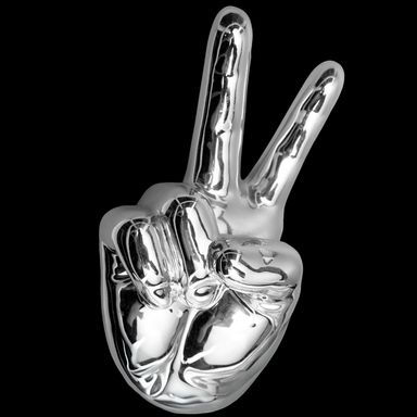 A silver hand doing the victory sign.